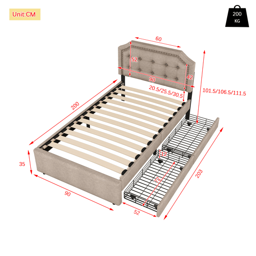 Cama estofada em linho com 2 gavetas - 90x200 cm - cabeceira decorada com rebites - Taupe