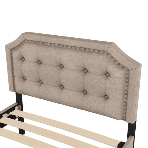 Cama estofada em linho com 2 gavetas - 90x200 cm - cabeceira decorada com rebites - Taupe