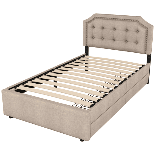 Cama estofada em linho com 2 gavetas - 90x200 cm - cabeceira decorada com rebites - Taupe