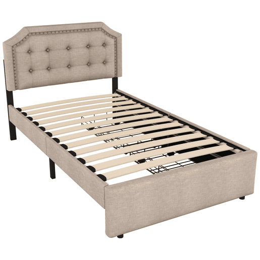 Cama estofada em linho com 2 gavetas - 90x200 cm - cabeceira decorada com rebites - Taupe