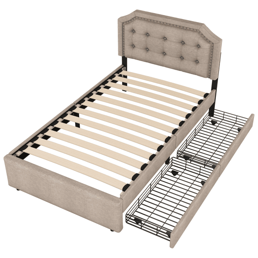 Cama estofada em linho com 2 gavetas - 90x200 cm - cabeceira decorada com rebites - Taupe