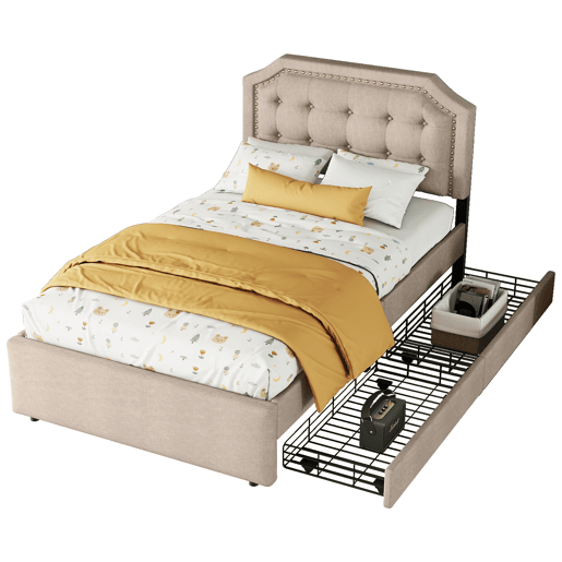Cama estofada em linho com 2 gavetas - 90x200 cm - cabeceira decorada com rebites - Taupe
