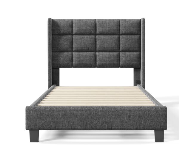 Cama tapizada en tela de lino - 90x200cm - con cabecero y somier - gris