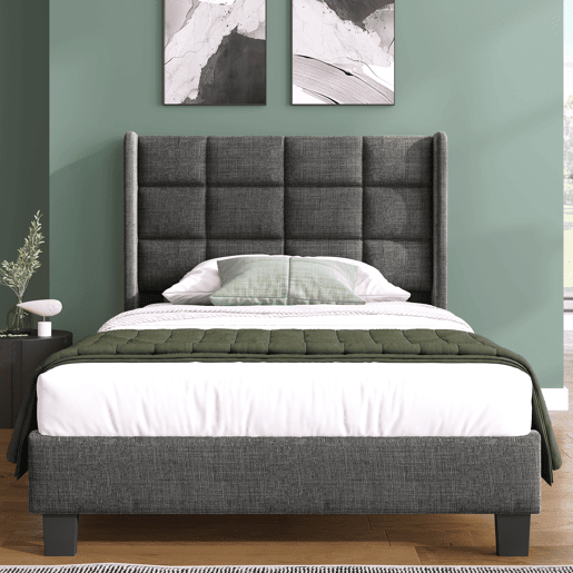 Cama estofada em tecido de linho - 90x200cm - com cabeceira e estrado de molas - Cinzento