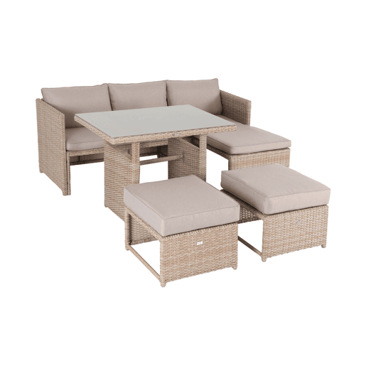 Conjunto de mobiliário de jardim em resina trançada com mesa, 6 lugares, Reggiano, Natural, 120x62x65 cm
