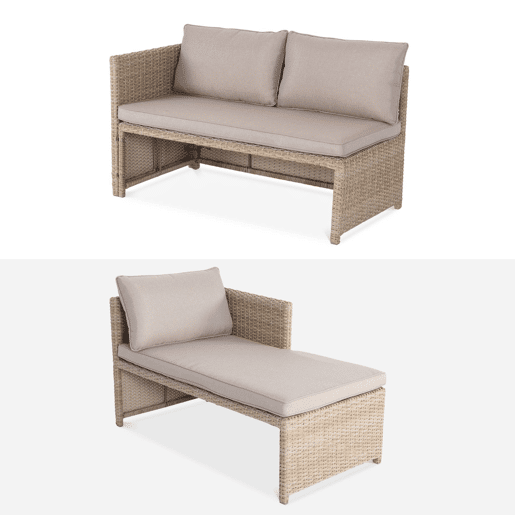 Conjunto de mobiliário de jardim em resina trançada com mesa, 6 lugares, Reggiano, Natural, 120x62x65 cm