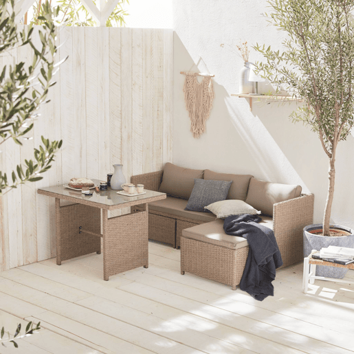 Conjunto de mobiliário de jardim em resina trançada com mesa, 6 lugares, Reggiano, Natural, 120x62x65 cm