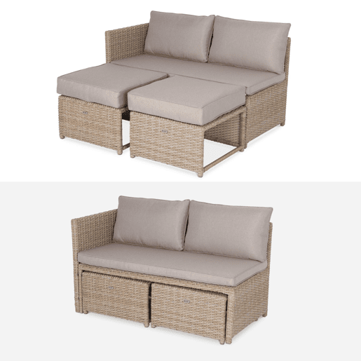 Conjunto de mobiliário de jardim em resina trançada com mesa, 6 lugares, Reggiano, Natural, 120x62x65 cm