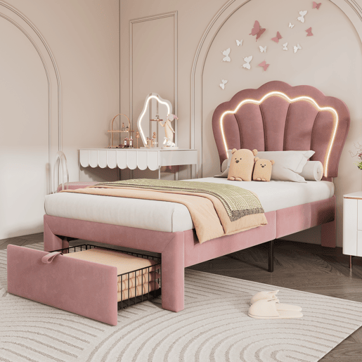 Cama de criança 90x200 cm em veludo com gavetas e controlo APP LED - Rosa