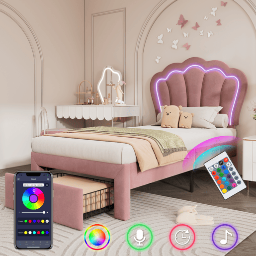 Cama de criança 90x200 cm em veludo com gavetas e controlo APP LED - Rosa