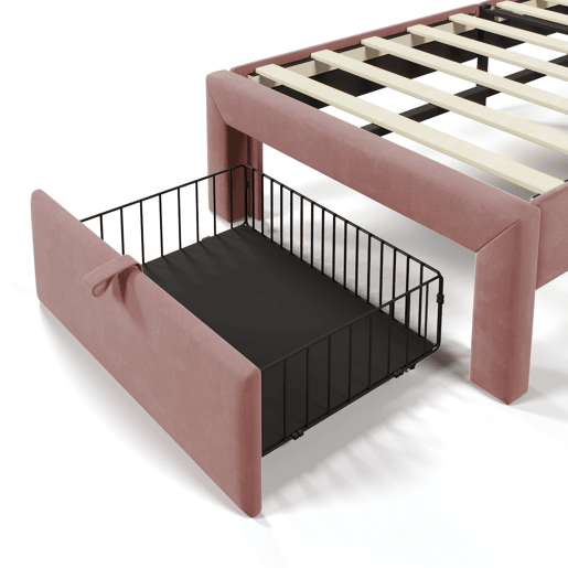 Cama de criança 90x200 cm em veludo com gavetas e controlo APP LED - Rosa