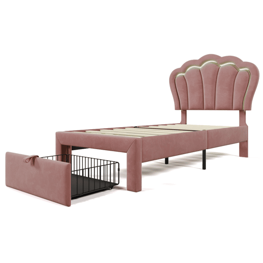 Cama de criança 90x200 cm em veludo com gavetas e controlo APP LED - Rosa