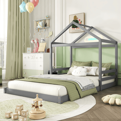 Cama-cama de madeira maciça 140x200cm - com estrado de ripas - Cinzento (colchão não incluído)