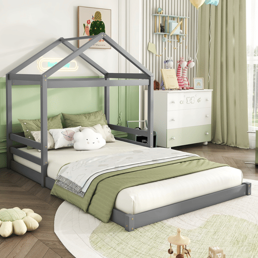 Cama-cama de madeira maciça 140x200cm - com estrado de ripas - Cinzento (colchão não incluído)