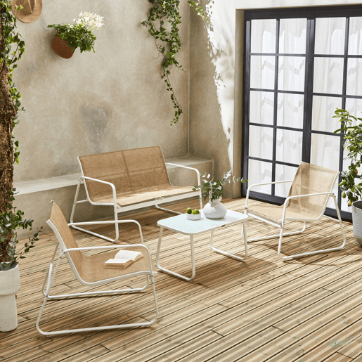 Conjunto de mobiliário de jardim relax com sofá em metal, 4 lugares, Silvi, Branco, 77x114x76 cm