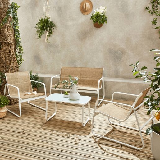 Conjunto de mobiliário de jardim relax com sofá em metal, 4 lugares, Silvi, Branco, 77x114x76 cm