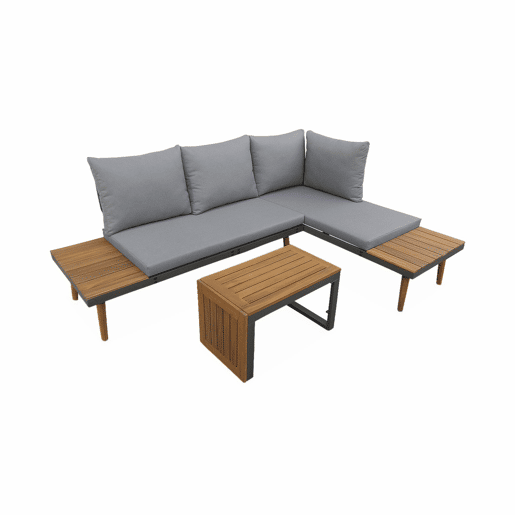 Conjunto de jardim com sofá modular em alumínio e acácia, 4 lugares, Sao Paulo, Antracite, 140x68x65 cm