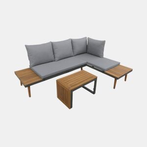 Conjunto de jardim com sofá modular em alumínio e acácia, 4 lugares, Sao Paulo, Antracite, 140x68x65 cm