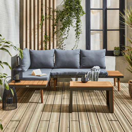 Conjunto de jardim com sofá modular em alumínio e acácia, 4 lugares, Sao Paulo, Antracite, 140x68x65 cm