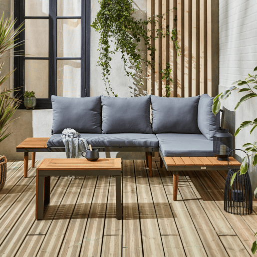 Conjunto de jardim com sofá modular em alumínio e acácia, 4 lugares, Sao Paulo, Antracite, 140x68x65 cm