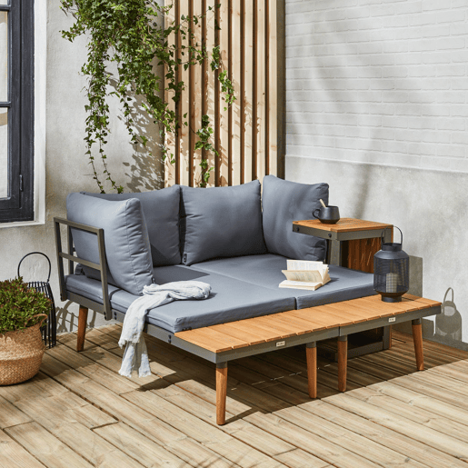 Conjunto de jardim com sofá modular em alumínio e acácia, 4 lugares, Sao Paulo, Antracite, 140x68x65 cm