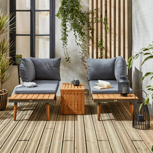 Conjunto de jardim com sofá modular em alumínio e acácia, 4 lugares, Sao Paulo, Antracite, 140x68x65 cm