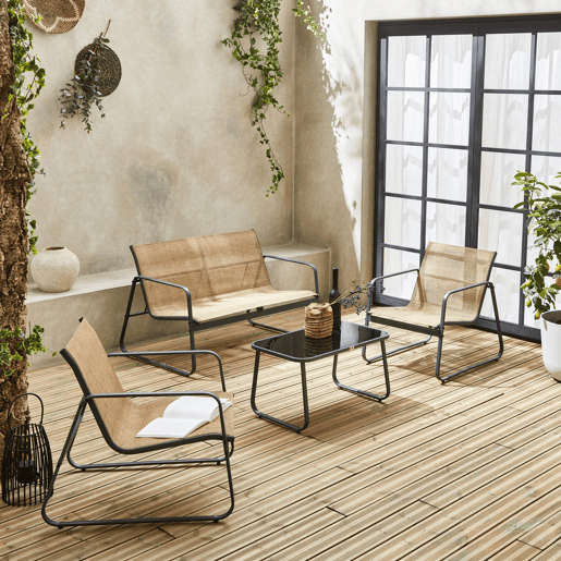 Conjunto de mobiliário de jardim relax com sofá em metal, 4 lugares, Silvi, Antracite, 77x114x76 cm