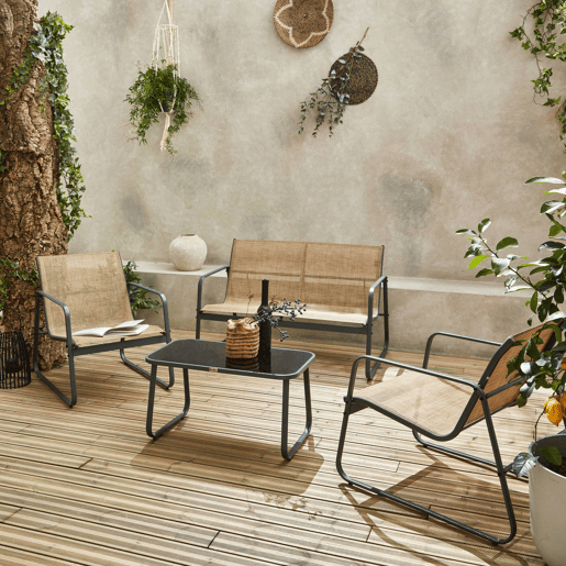 Conjunto de mobiliário de jardim relax com sofá em metal, 4 lugares, Silvi, Antracite, 77x114x76 cm