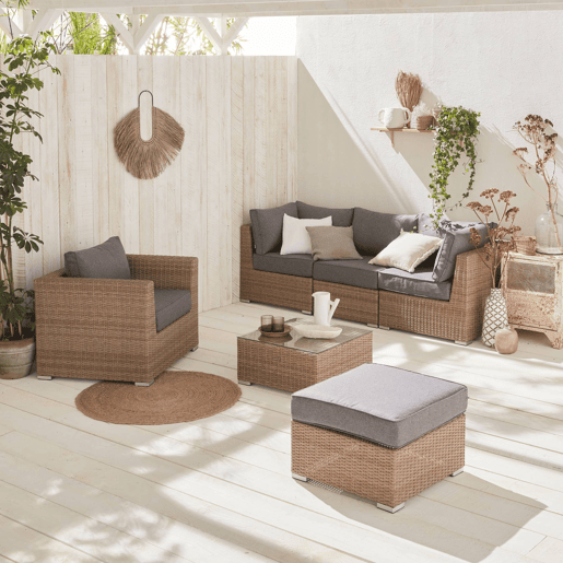 Conjunto de mobiliário de jardim com sofá em resina tecida, 5 lugares, Vinci, Natural, 225x80x67.5 cm