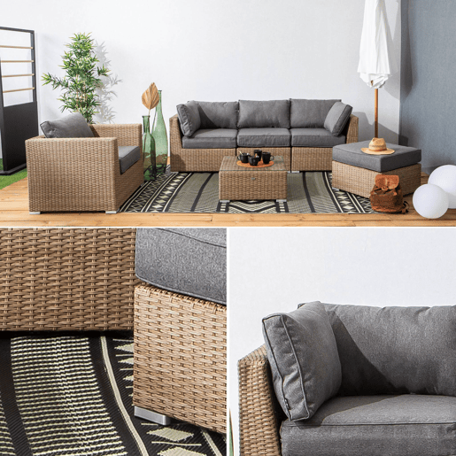 Conjunto de mobiliário de jardim com sofá em resina tecida, 5 lugares, Vinci, Natural, 225x80x67.5 cm
