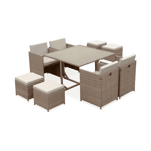 Mesa de jardim embutida em resina tecida, 8 cadeirões, Vabo 8, Beige, 110x110x73 cm