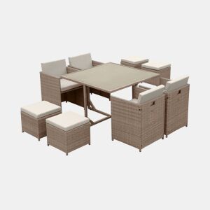 Mesa de jardim embutida em resina tecida, 8 cadeirões, Vabo 8, Beige, 110x110x73 cm
