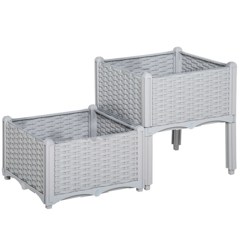 Outsunny juego de 2 jardineras de exterior jardineras cuadradas imitación a mimbre combinación libre maceteros para jardín patio 40x40x26/44 cm gris
