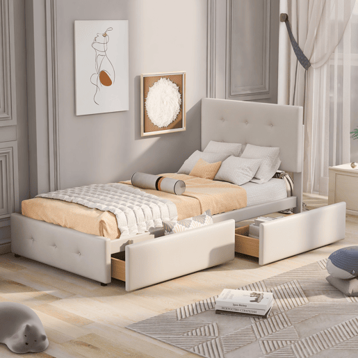 Cama estofada em veludo 90x200cm - cama individual com 2 gavetas e estrado de molas - Bege