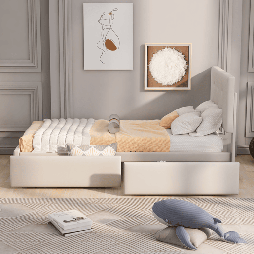 Cama estofada em veludo 90x200cm - cama individual com 2 gavetas e estrado de molas - Bege