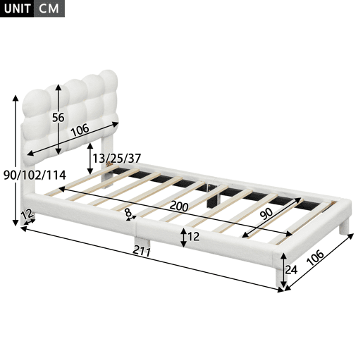 Cama de solteiro acolchoada Sherpa - 90x200 cm - Branco
