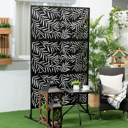 Outsunny Biombo de 3 Peças Separador de Ambiente com Desenho em Ramos Biombo para Exterior Jardim Pátio Varanda 122x45x198 cm Preto