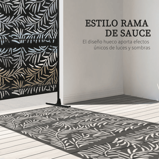 Outsunny Biombo de 3 Peças Separador de Ambiente com Desenho em Ramos Biombo para Exterior Jardim Pátio Varanda 122x45x198 cm Preto