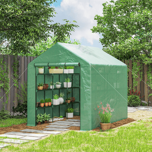 Outsunny Estufa de Jardim Estufa de Exterior com Prateleiras de 4 Níveis Porta com Fecho de Correr e Estrutura de Aço Estufa Pequena Estufa para Cultivar Plantas Flores 244x180x210 cm Verde