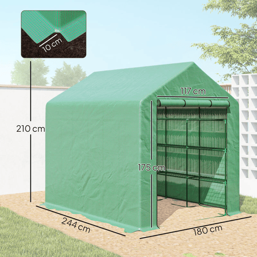 Outsunny Estufa de Jardim Estufa de Exterior com Prateleiras de 4 Níveis Porta com Fecho de Correr e Estrutura de Aço Estufa Pequena Estufa para Cultivar Plantas Flores 244x180x210 cm Verde