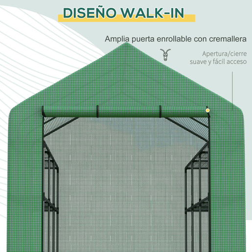 Outsunny Estufa de Jardim Estufa de Exterior com Prateleiras de 4 Níveis Porta com Fecho de Correr e Estrutura de Aço Estufa Pequena Estufa para Cultivar Plantas Flores 244x180x210 cm Verde
