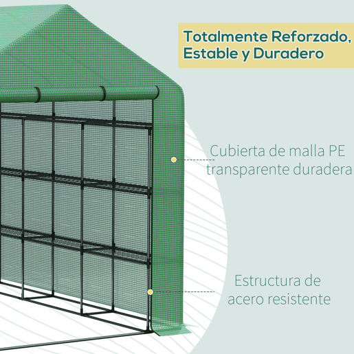 Outsunny Estufa de Jardim Estufa de Exterior com Prateleiras de 4 Níveis Porta com Fecho de Correr e Estrutura de Aço Estufa Pequena Estufa para Cultivar Plantas Flores 244x180x210 cm Verde