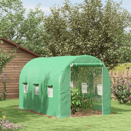 Outsunny Estufa tipo Túnel 400x200x205 cm Estufa de Jardim com Porta Enrolável e 6 Janelas Cobertura de PE 140 gm² Estrutura de Metal para Cultivo de Plantas Verduras Verde