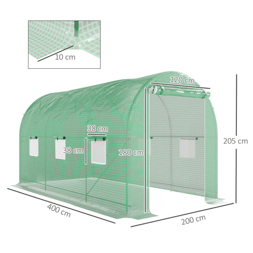 Outsunny Estufa tipo Túnel 400x200x205 cm Estufa de Jardim com Porta Enrolável e 6 Janelas Cobertura de PE 140 gm² Estrutura de Metal para Cultivo de Plantas Verduras Verde