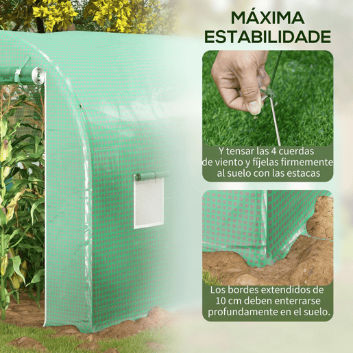 Outsunny Estufa tipo Túnel 400x200x205 cm Estufa de Jardim com Porta Enrolável e 6 Janelas Cobertura de PE 140 gm² Estrutura de Metal para Cultivo de Plantas Verduras Verde