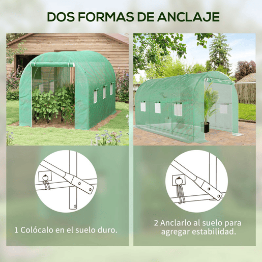 Outsunny Estufa tipo Túnel 400x200x205 cm Estufa de Jardim com Porta Enrolável e 6 Janelas Cobertura de PE 140 gm² Estrutura de Metal para Cultivo de Plantas Verduras Verde