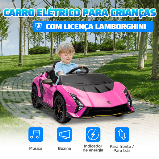 AIYAPLAY Carro Elétrico para Crianças acima de 3 Anos Carro Elétrico Lamborghini com Bateria 12V Controlo Remoto Faróis Buzina Arranque Lento e Música MP3 114,5x64x45,5 cm Rosa