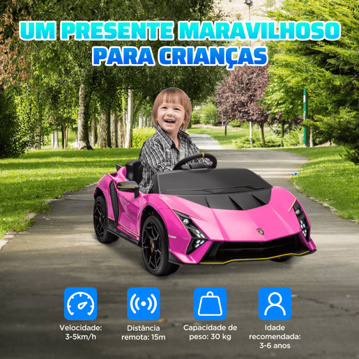 AIYAPLAY Carro Elétrico para Crianças acima de 3 Anos Carro Elétrico Lamborghini com Bateria 12V Controlo Remoto Faróis Buzina Arranque Lento e Música MP3 114,5x64x45,5 cm Rosa