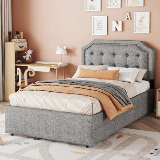 Cama estofada em tecido de linho com 2 gavetas - 90x200 cm - cabeceira decorada com rebites - Cinzento