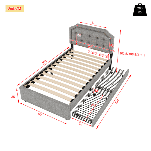 Cama estofada em tecido de linho com 2 gavetas - 90x200 cm - cabeceira decorada com rebites - Cinzento